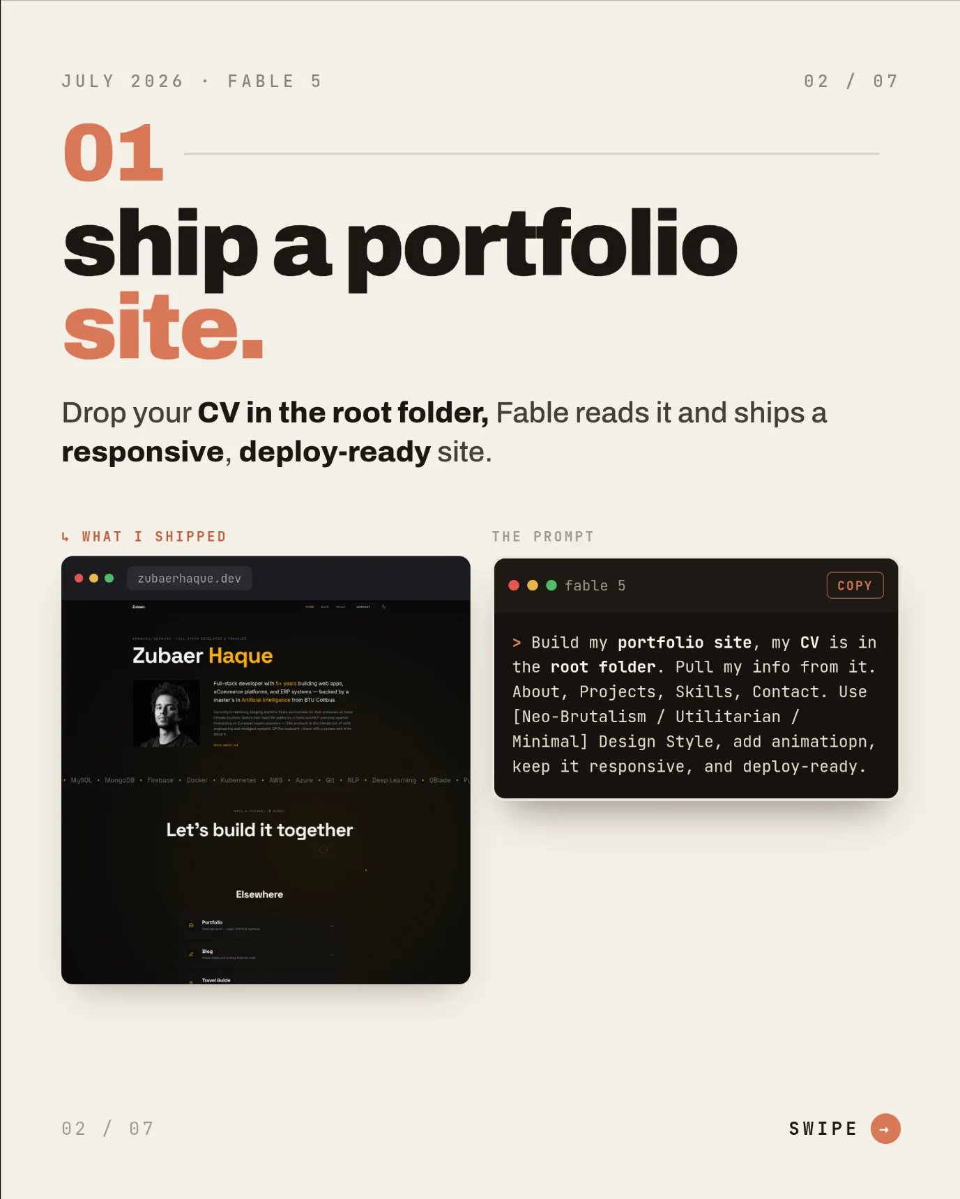 Slide: ship a portfolio site, with the prompt and the site it built